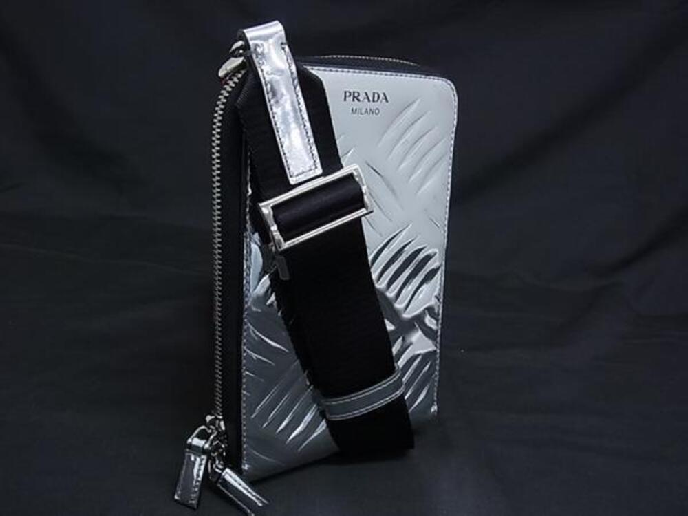 Prada Shoulder Vernis Patent Leather Bag Silver Tone Silver